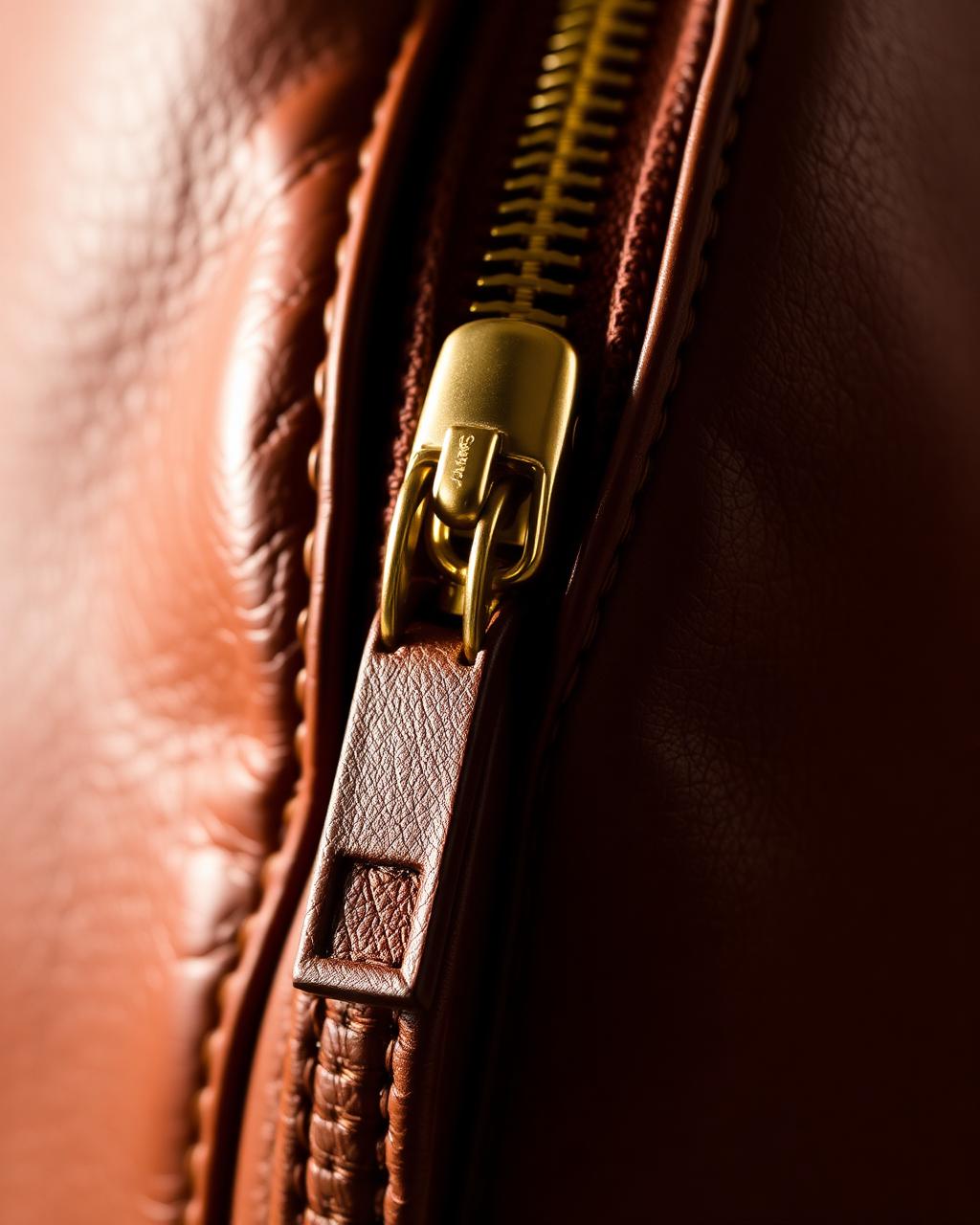 Macro detail of artisan stitching and gold zipper on caramel vegan leather