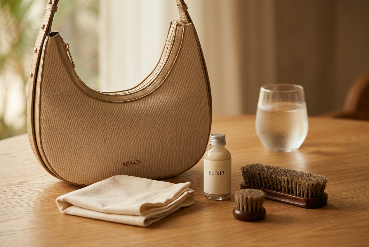 A cream RUCINI hobo bag beside leather care tools