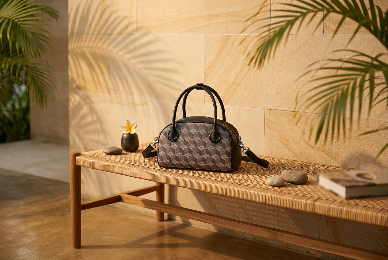 A monogram RUCINI crossbody sling on a rattan bench
