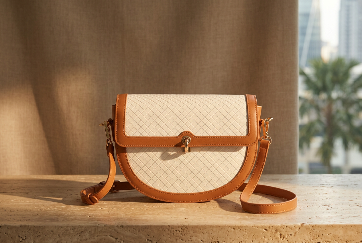 A RUCINI half-moon crossbody handbag on a travertine ledge