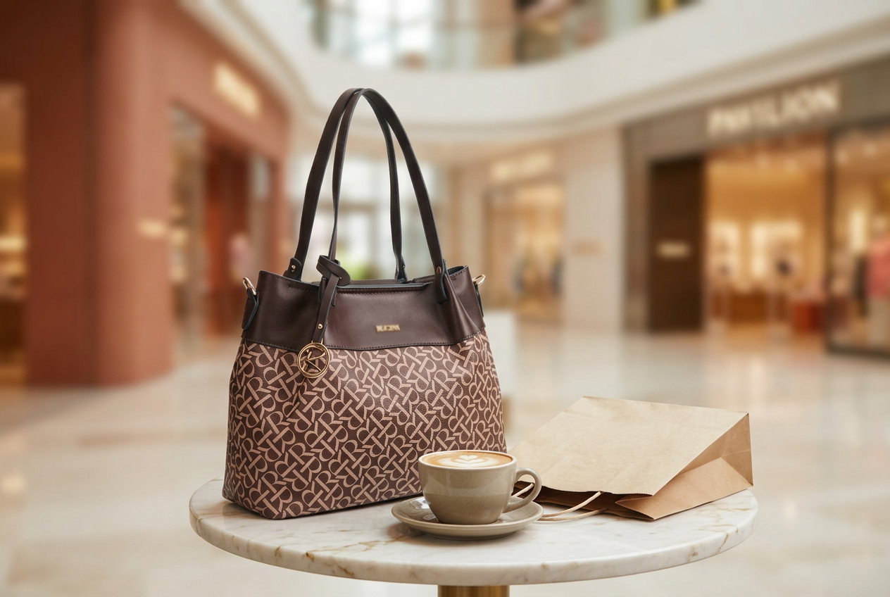 A RUCINI monogram tote on a café table inside a Kuala Lumpur mall
