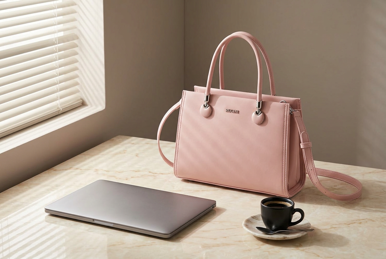 A soft-pink RUCINI structured top-handle bag on a marble desk