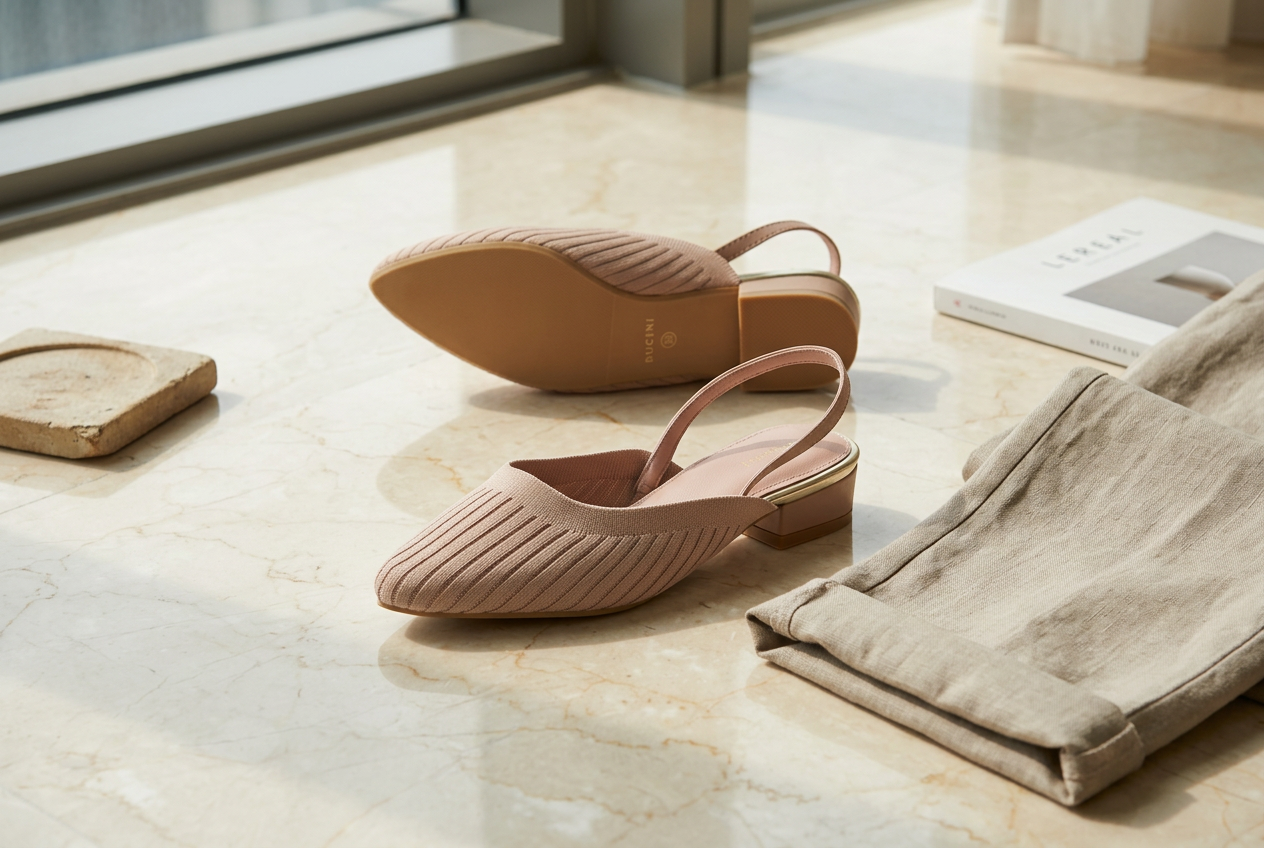 A pair of RUCINI blush slingback low heels on marble