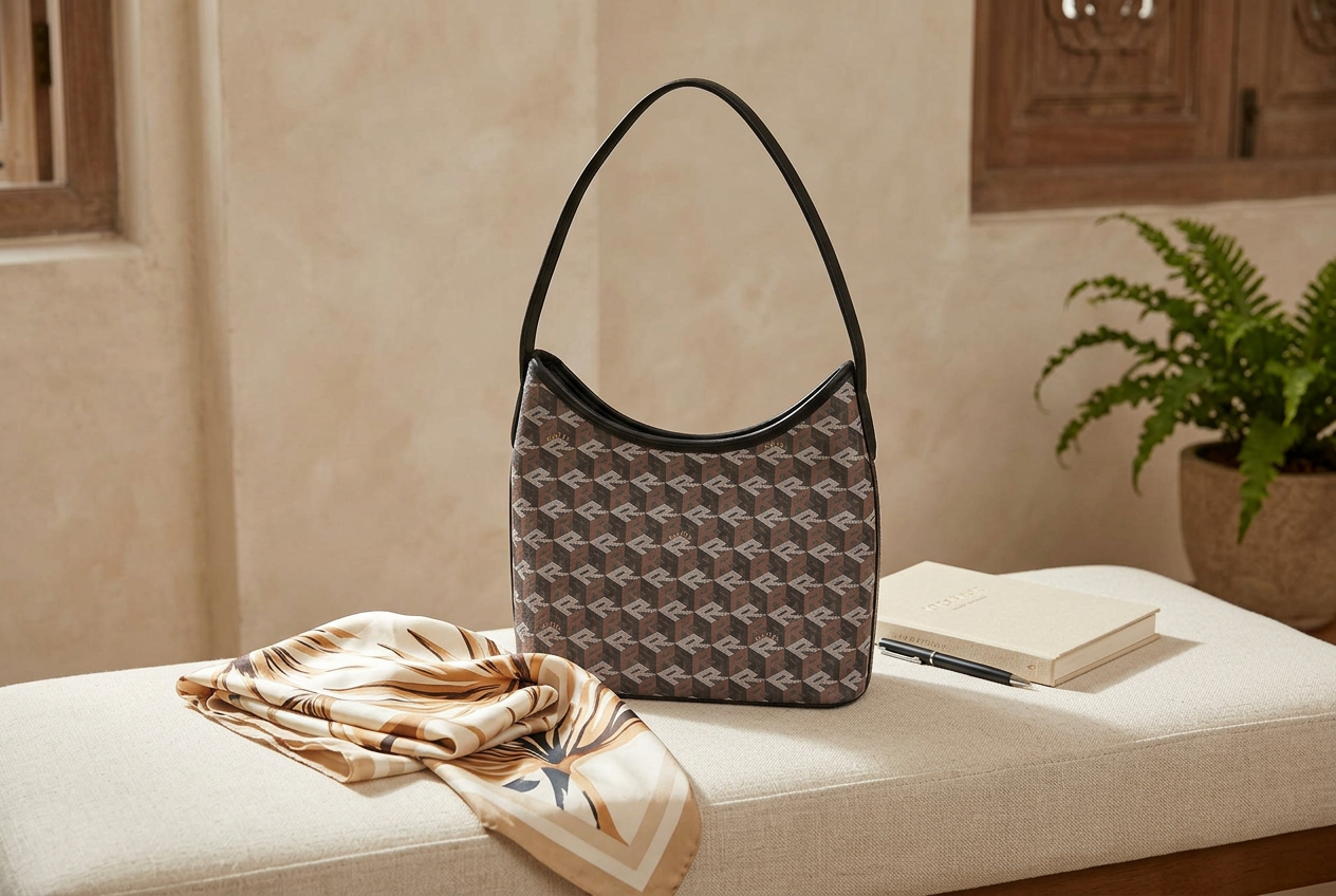 A monogram RUCINI shoulder tote on a linen bench