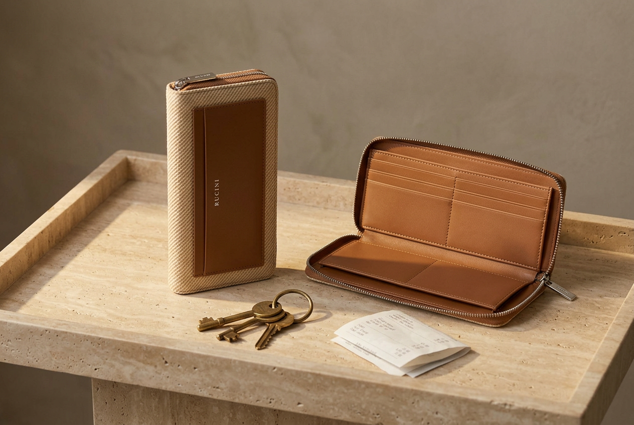 A long RUCINI bi-fold wallet on a travertine tray
