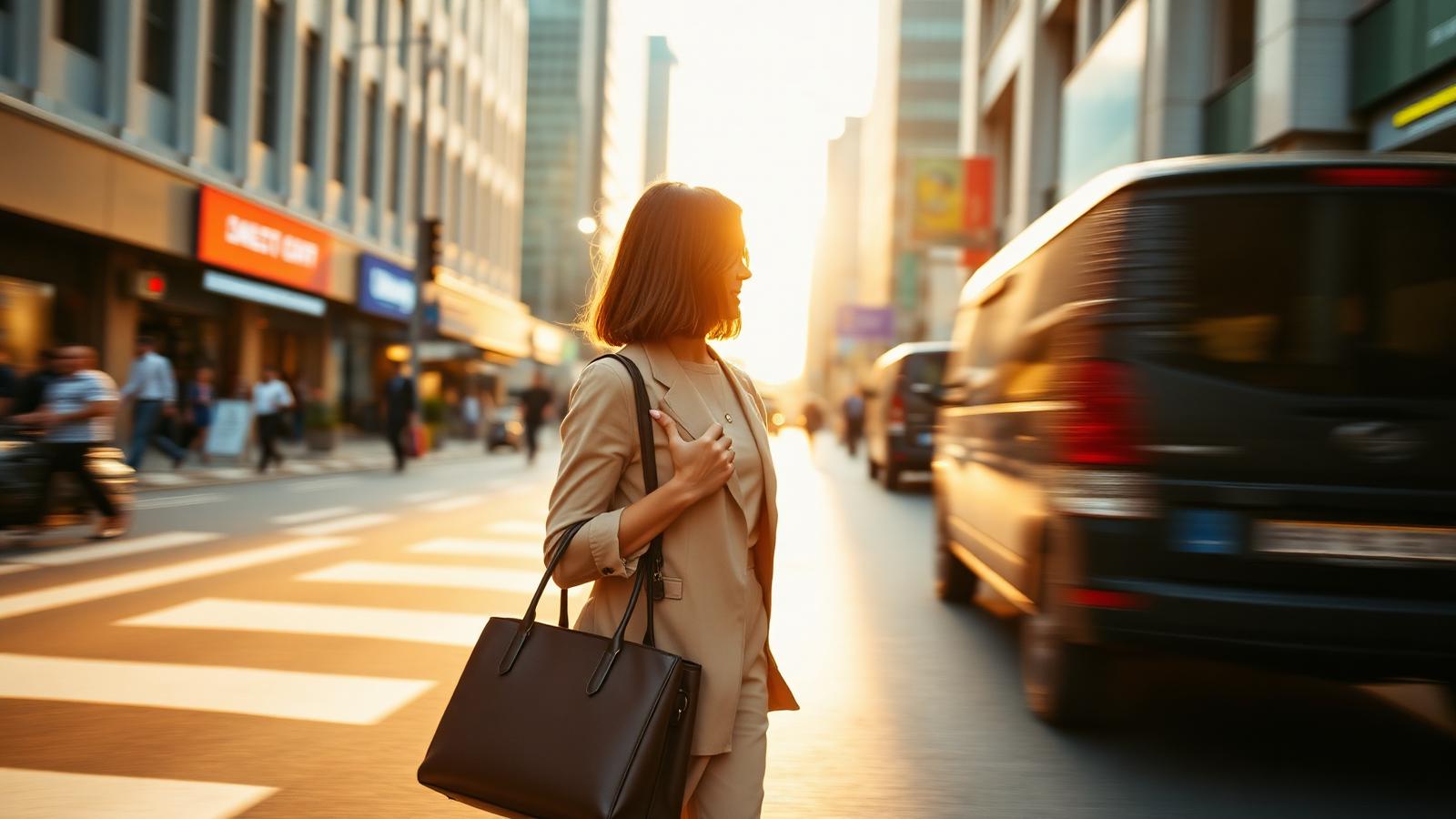 A woman walking through a city street at golden hour carrying a RUCINI handbag